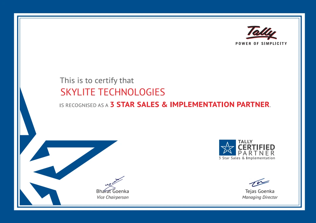 Tally certificate recognising Skylite Technologies as a 3 Star Sales & Implementation Partner, valid till March 31, 2027.